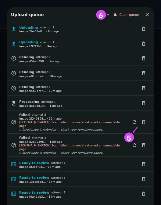 Upload queue with one uploading row, one failed row showing its error, and Clear queue visible