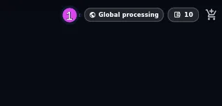 The Scans page app bar, cropped to the region chip beside the cart icon, reading Global processing