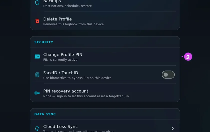 SECURITY section, PIN set (Change Profile PIN / PIN is currently active)