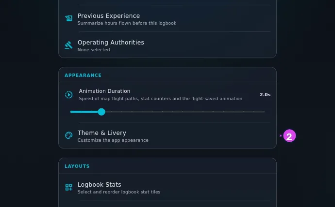 Profile Settings, the APPEARANCE section, both rows, the Animation Duration slider at its 2.0s default