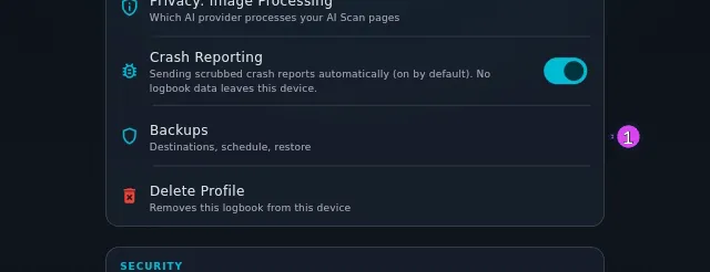 Profile Settings → ACCOUNT & DATA, cropped to the Backups row (Destinations, schedule, restore) with Delete Profile below it