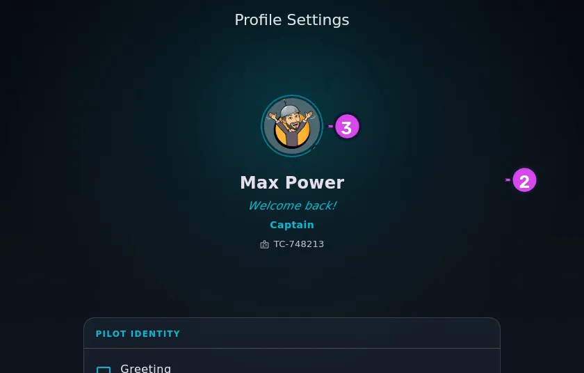 Profile Settings, top block: avatar, name, greeting, title, licence — and email, which only appears when one is set