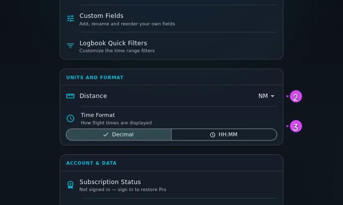 UNITS AND FORMAT, both rows, NM and Decimal selected