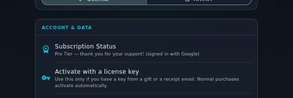 ACCOUNT & DATA section, Subscription Status reading Pro Tier — thank you for your support! (signed in with Google)