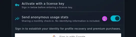 The Send anonymous usage stats row, switch on, subtitle readable