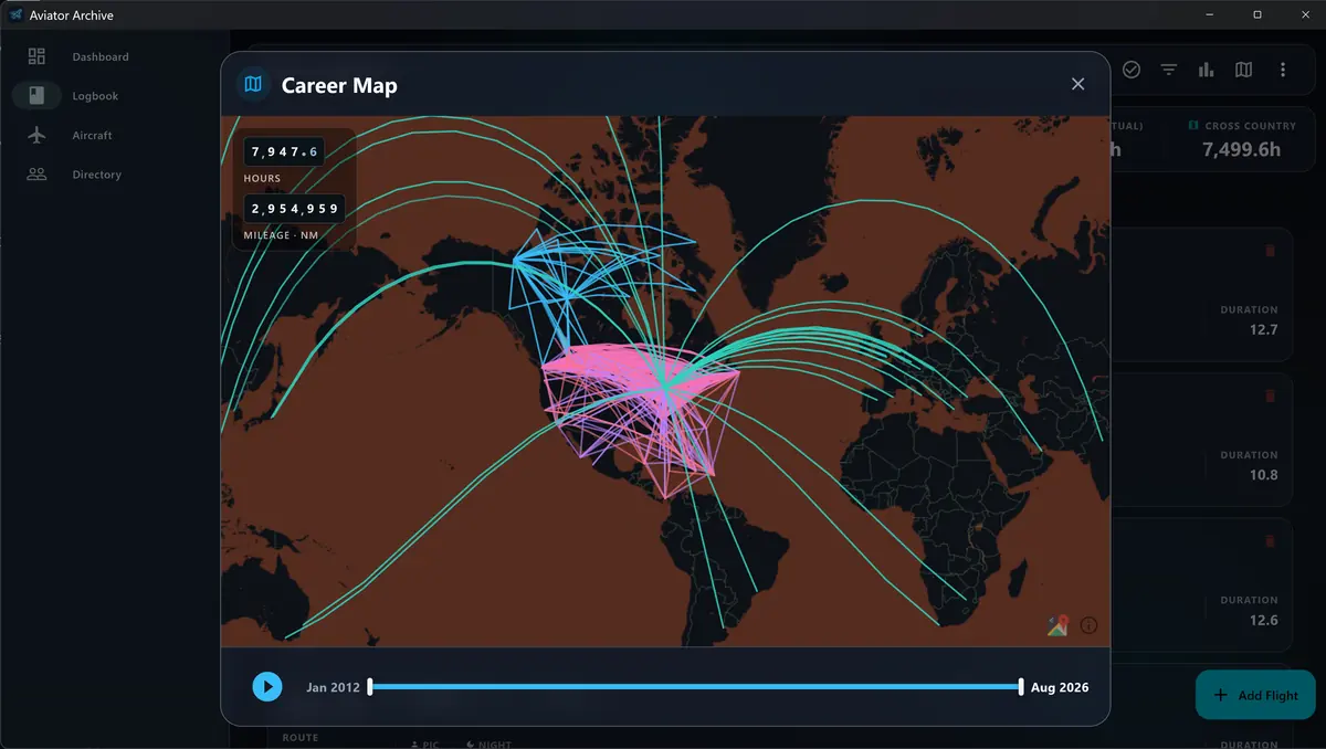 Career map — Every leg you have flown, scrubbable by year.