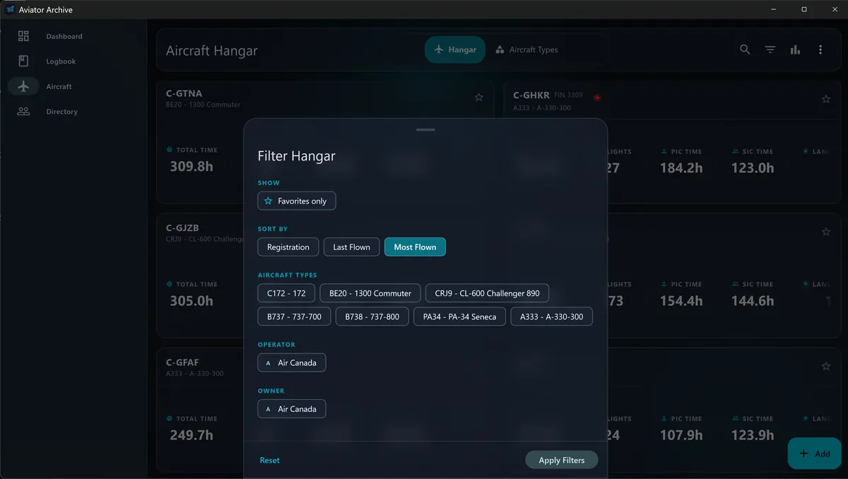 Hangar — Hours by tail, not just by type.