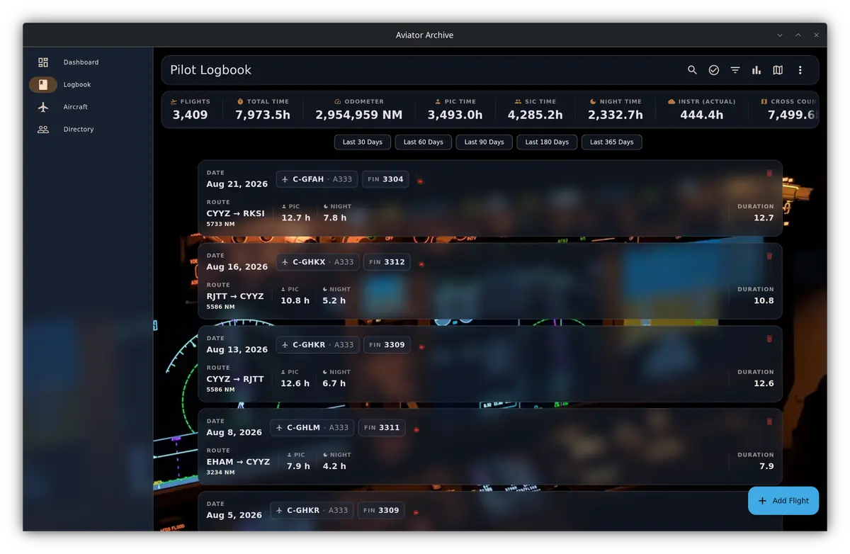 Aviator Archive in its own window on a Linux desktop: the Pilot Logbook screen, with career totals across the top and recent flights listed below