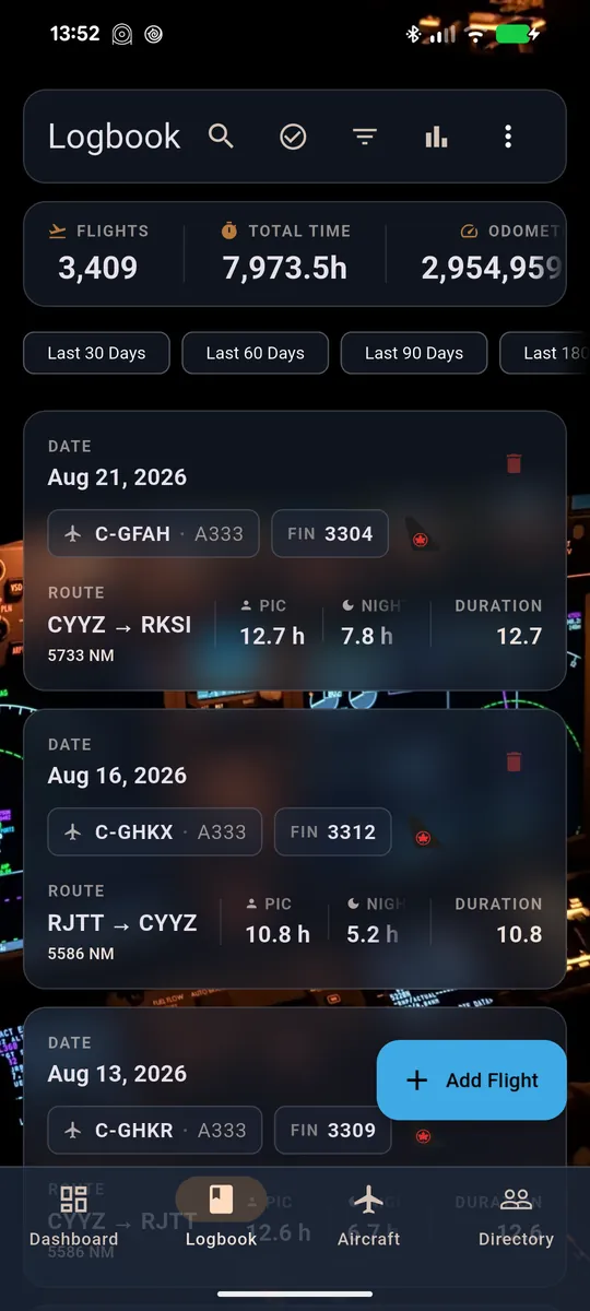The same logbook open on an Android phone
